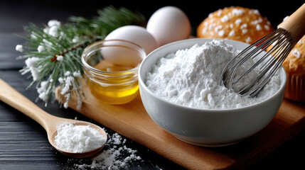 Flat lay of baking utensils with ingredients on black wooden surface for culinary projects and cooking enthusiasts