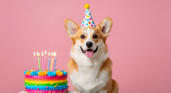 Adorable Corgi dog wearing a party hat and celebrating a birthday with a colorful cake against a pink background 27579830 1
