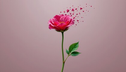 Vibrant pink flower with petals scattering into hearts on a soft pastel background in a romantic theme