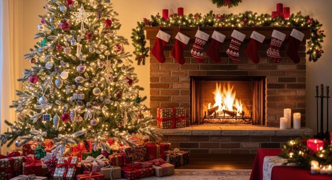 Cozy Christmas Scene with Fireplace and Presents, Tree, Gifts, Ornaments