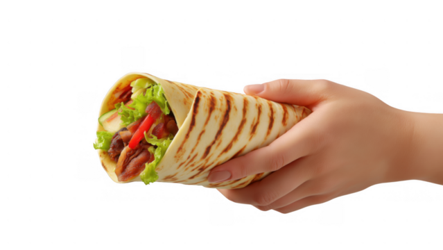 Hand holding a fresh shawarma wrap, created AI, PNG