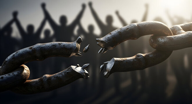 Close up of a chain with silhouettes of people in the background capturing themes of bondage and freedom 55877808 1