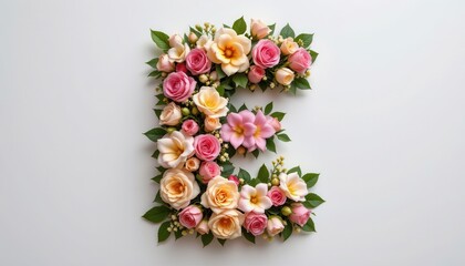 Obraz premium Floral Arrangement in the Shape of the Letter E with Colorful Roses and Green Leaves on a White Background