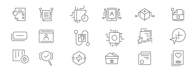Digitalisation linear icon set. Digital technology, cloud computing, mobile payment, coding, chip, vr glasses, innovation, network, artificial intelligence