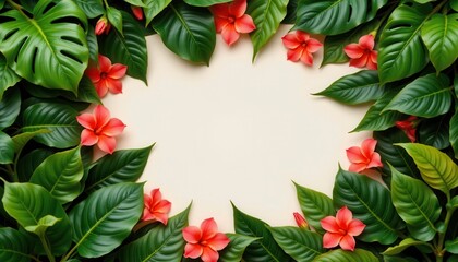 Fototapeta premium Vibrant Green Leaves and Pink Flowers Framing a Blank Space for Creative Design Opportunities