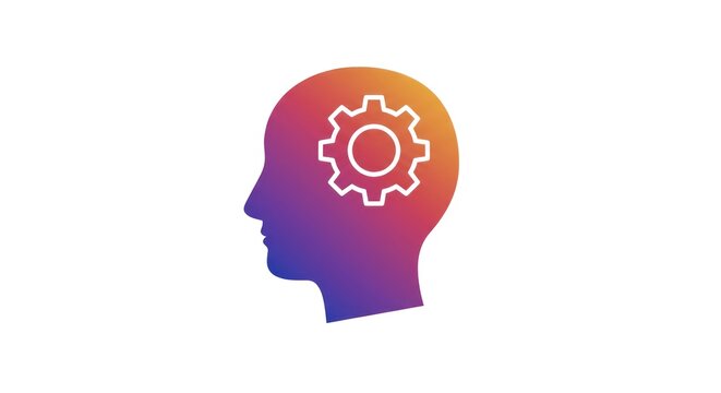 Human head silhouette with gear inside, symbolizing thinking and intelligence.