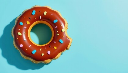Colorful inflatable donut pool float with chocolate frosting and sprinkles on a blue background