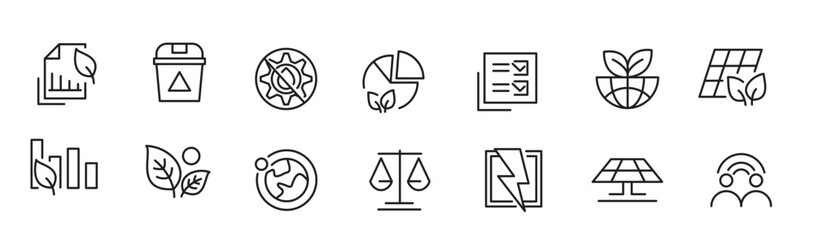 ESG line icon set. Social governance, risk, ecology, concept, including, wind power, solar panels, recycling, green city, net zero, financial performance line icon set. UI thin line icon pack.