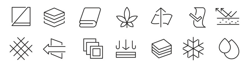 Febric Metarial line icon set. Fabric features, materials, fabric business, protection, breathable, lightweight, outline, leather, silk, synthetics, wool line icon set. 