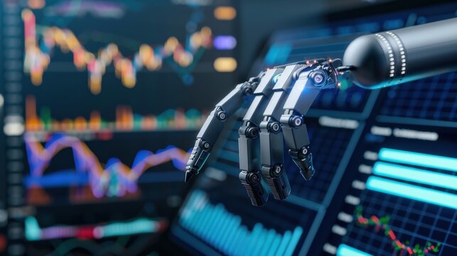 A robotic hand interacts with digital financial charts on multiple screens. The scene illustrates advanced technology in finance and data analysis. - Powered by Adobe