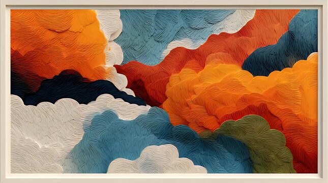 A vibrant abstract painting within a white frame, with textured, stylized clouds and landforms in various colors