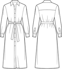 Shirt dress fashion illustration, technical sketch, button-down design, belted waist, long sleeve dress, sewing pattern, garment template, front back view, apparel mockup