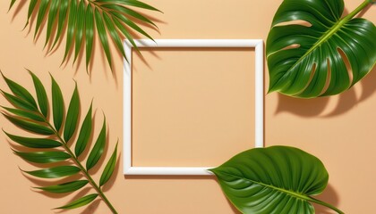 Leafy Botanical Frame with Tropical Greenery on a Soft Peach Background for Creative Designs and Elegant Displays