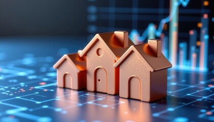 Abstract representation of real estate market growth with houses and digital data analysis on a futuristic background