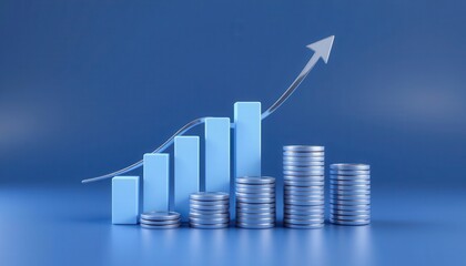 Growth Chart with Bar Graph and Increasing Arrow on Blue Background for Business Success Concept