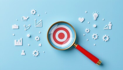 Magnifying Glass Focusing on Target Concept with Business Icons and Symbols on Blue Background