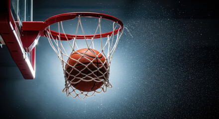 Basketball falling through net of a red hoop with water drops splashing on a dark indoor court