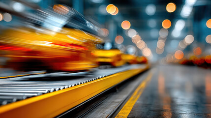 Robotic automation on industrial factory floor captured in cinematic motion blur for manufacturing technology insights