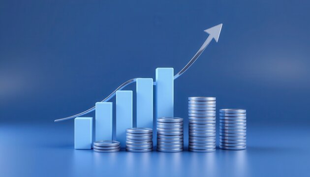 Growth Chart with Bar Graph and Increasing Arrow on Blue Background for Business Success Concept