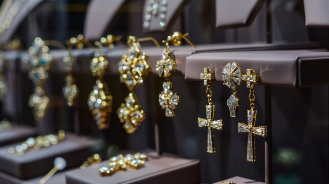 Gold earrings and pendants displayed on black stands in a jewelry store, including crosses and floral designs, showcasing luxury accessories.