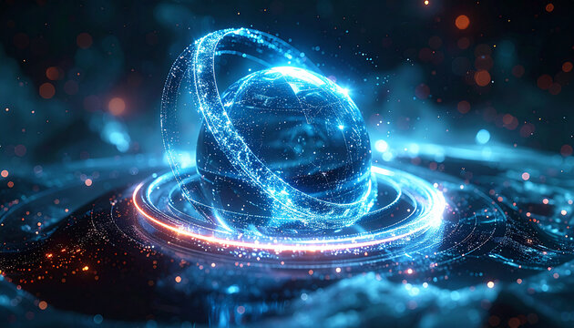 Celestial Orb: A radiant orb, enshrouded by glowing rings and surrounded by swirling cosmic energy. This evocative image brings to life the mysteries of space.
