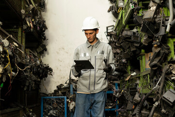Technician worker working and checking in garage scrap yard car workshop warehouse.
