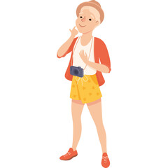 Young Woman Tourist with Camera and Hat Making Call Me Gesture Wearing Orange Cardigan Yellow Floral Shorts and White Top Standing in Summer Outfit
