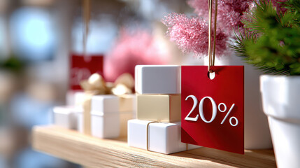Shopping shelves with gift boxes and green plants featuring red 20% discount sign in a brightly lit store interior