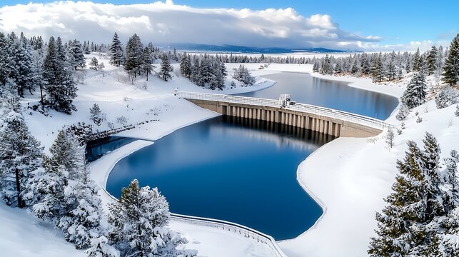 Snowy landscape with dam and river winter nature scene scenic viewpoint tranquil environment