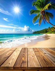 Obraz premium Beautiful beach background features empty wooden table perfect summer product display