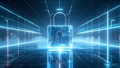 Cyber Security Blueprint: An illuminated digital padlock radiates safety within a cyber landscape, representing the future of network protection, technological advancement, and data defense. 