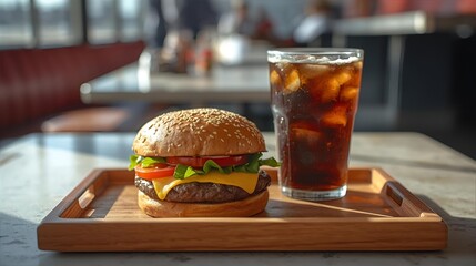 Classic Cheeseburger and Soda Combo on a Wooden Tray