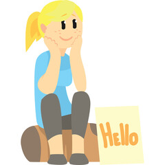 Young Woman With Blonde Ponytail And Freckles Smiling Sitting On Luggage Next To A Hello Sign White Background
