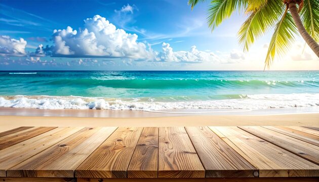Beautiful beach background features empty wooden table perfect summer product display