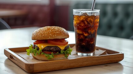 Gourmet Cheeseburger and Iced soda on Rustic Wooden Tray