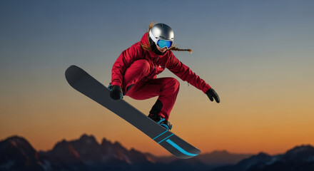 Energetic woman in red ski suit jumping high on snowboard over majestic mountains at sunset
