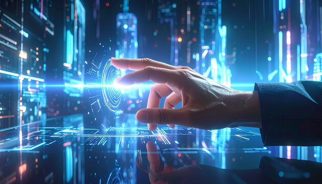 Digital Frontier: A human hand interacts with a cutting-edge interface, engaging with a futuristic display of technological advancement and data visualization.