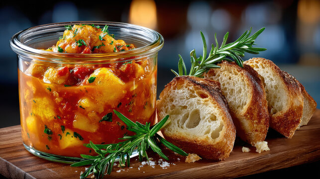 Homemade jar of slow-cooked stew with fresh rosemary and sliced crusty bread on a wooden board