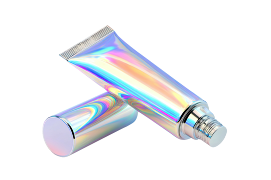Iridescent tube with detached cap, shiny, angled shot
