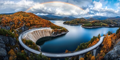 Obraz premium Stunning autumn view of rainbow over dam and lake mountain landscape panoramic photography nature scenic beauty