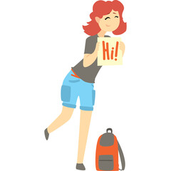 Young woman with red hair and blue shorts holding a sign that says Hi and an orange backpack on a white background