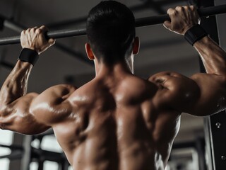 A dramatic, upward-angle close-up photograph of a man's hands gripping a Pull-up Bar
