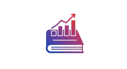 Book with rising bar graph and arrow for business growth.