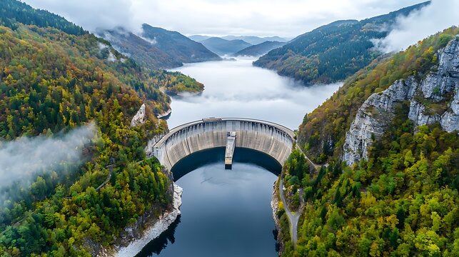 Aerial view of a dam surrounded by lush mountains river nature landscape tranquil environment - Powered by Adobe