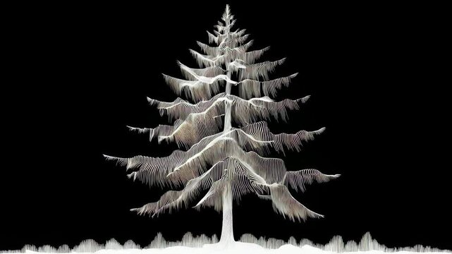 A stylized tree composed of white vertical lines against a black background