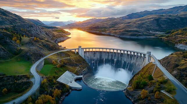 Water release event at scenic dam stunning lake view aerial landscape photography serene environment nature concept