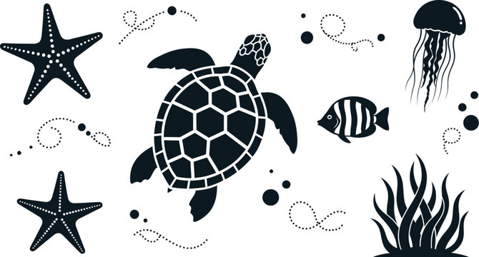 Ocean life: starfish, sea turtle, fish, jellyfish, and seaweed designs