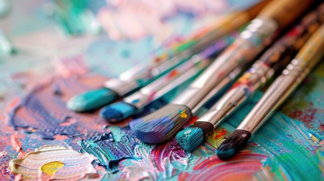A close-up of paintbrushes resting on a colorful palette filled with vibrant paint. The scene showcases various brush sizes and colors.