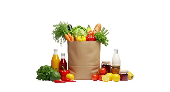 Grocery shopping bag full of fresh food vegetables and fruits healthy eating and nutrition concept isolated