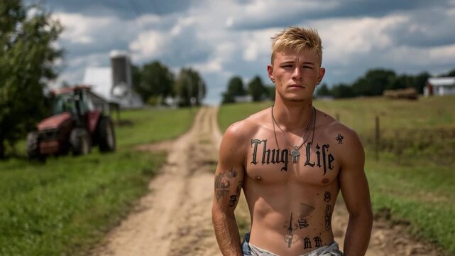 Gang man with tattoos standing